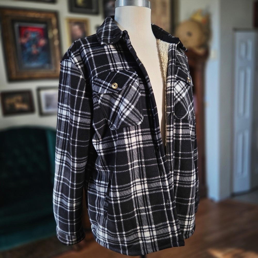 Sage Collective Plaid Shacket Sherpa Lined Flannel Shirt Jacket Black White‎ L